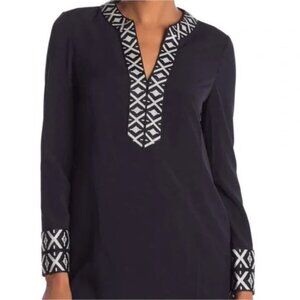 Tory Burch navy blue and white Ariana V-Neck tunic with striped taping size 6